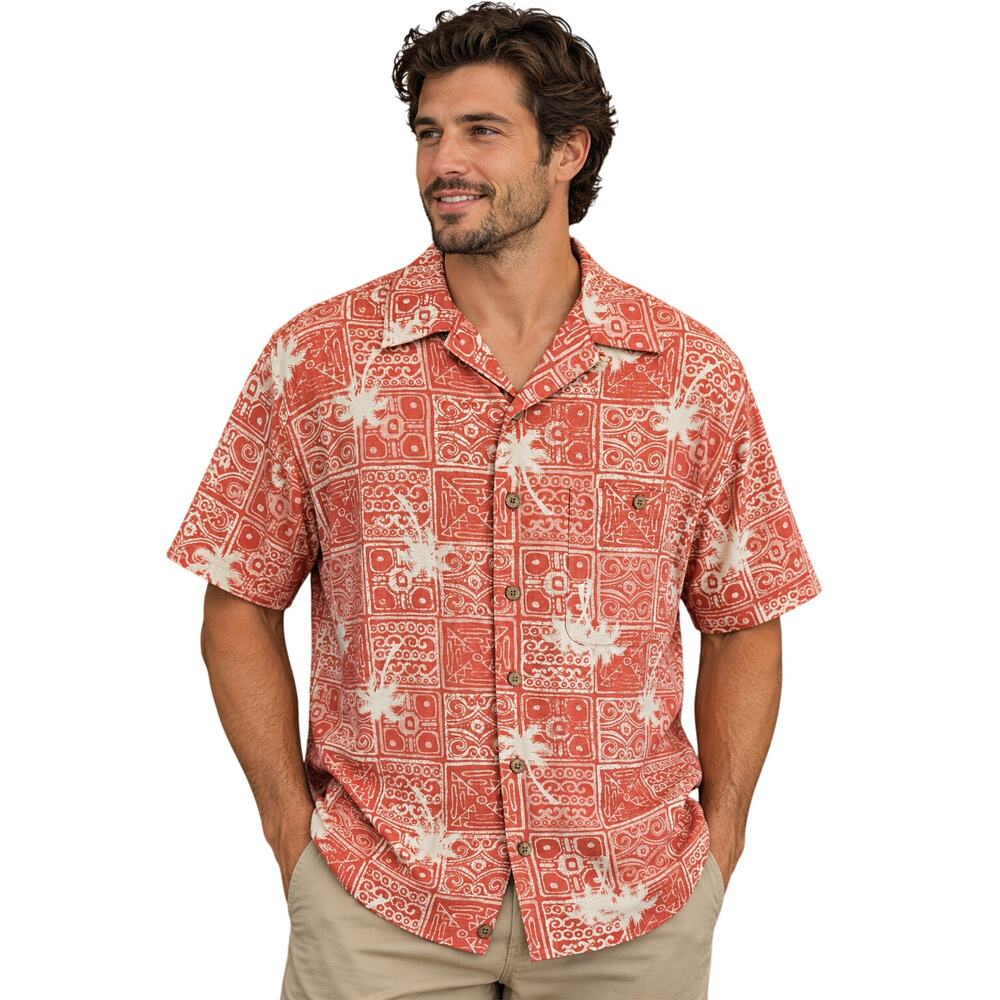Caribbean L red white hawaiin short sleeve vacation button up beach aloha EUC
